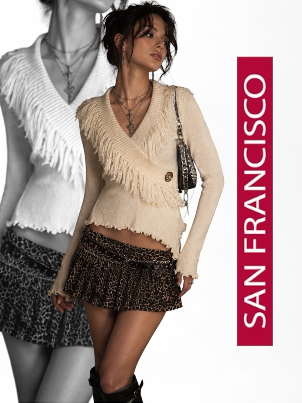 Y2K San Francisco Fringe Shawl Cardigan Cream Boho Western Festival Sweater